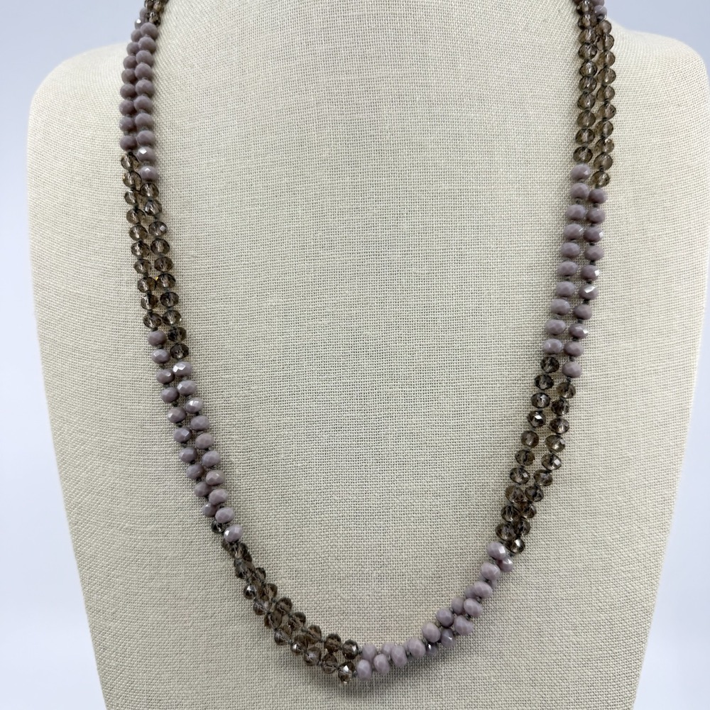 Long Two-Tone Beaded Necklace Grey And Bronze Tone Crystal Minimalist Layering